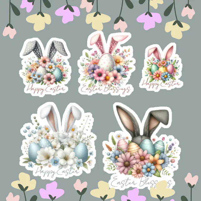 Happy Ester Blessings Bunny Ears Floral Cute Sticker | Zazzle