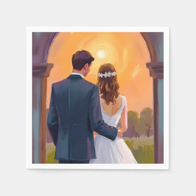 Happy Ever After Bride & Groom Watercolor Wedding Napkins (Front)