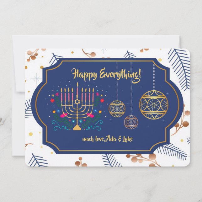 Happy Everything Blue and Gold Holiday Card (Front)
