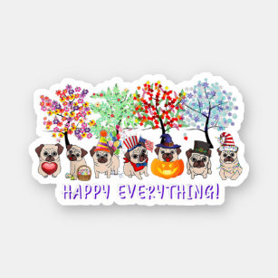 Happy Everything pug dog Seasons All Year Tree lov Sticker