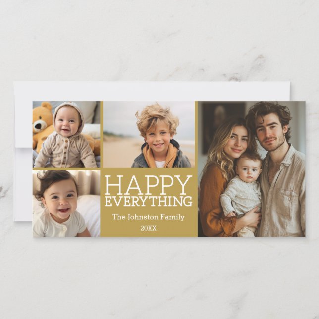Happy Everything with 4 photo collage - Gold Holiday Card (Front)