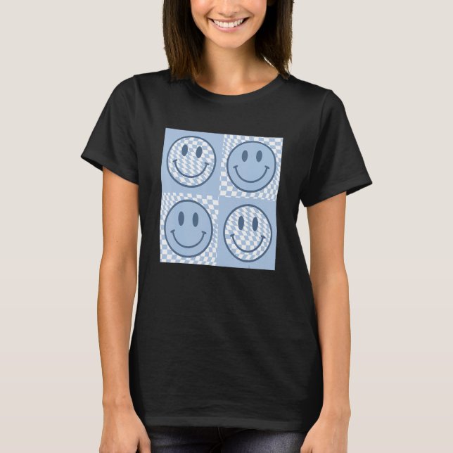 Happy Face Checkered Pattern Smile Face Meme Trend T-Shirt (Front)