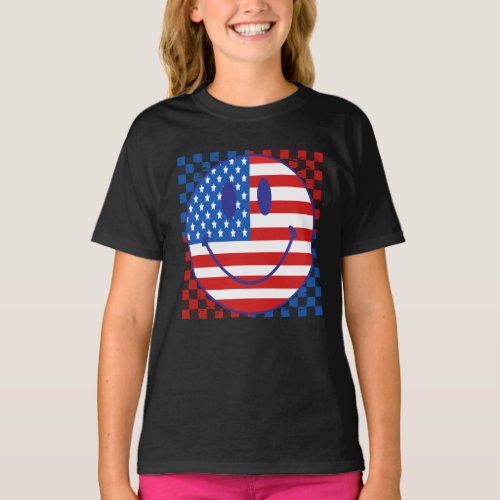 Happy Face Checkered Red  Blue usa flag T_Shirt