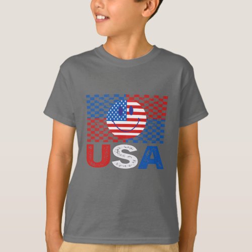 Happy Face Cute Vintage USA Checkered Red  Blue T_Shirt
