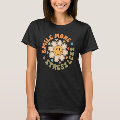Happy Face Daisy Smile More Stress Less Groovy Ret T_Shirt