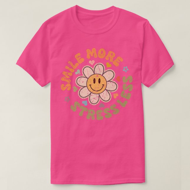 Happy Face Daisy Smile More Stress Less Groovy Ret T-Shirt (Design Front)
