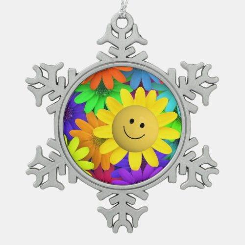 Happy face Flower Snowflake Pewter Christmas Ornament