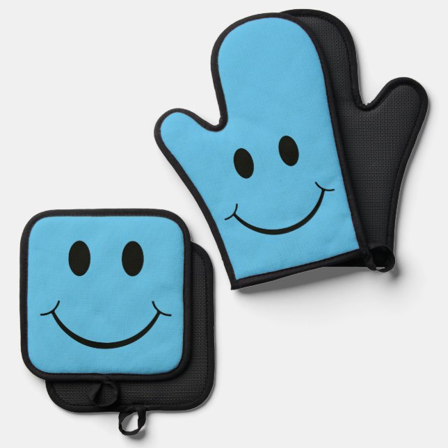Happy Face Graphic Blue Oven Mitt & Pot Holder Set (Front/Back)