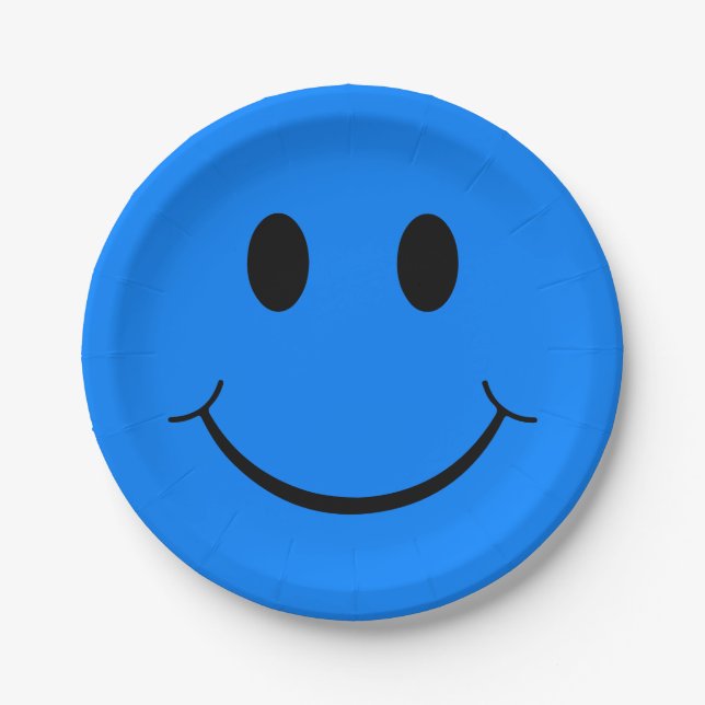 Happy Face Graphic | Neon Blue Paper Plates (Front)