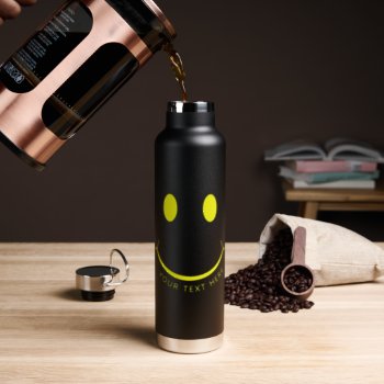 Happy Face Graphic Personalize Black Water Bottle by ironydesigns at Zazzle