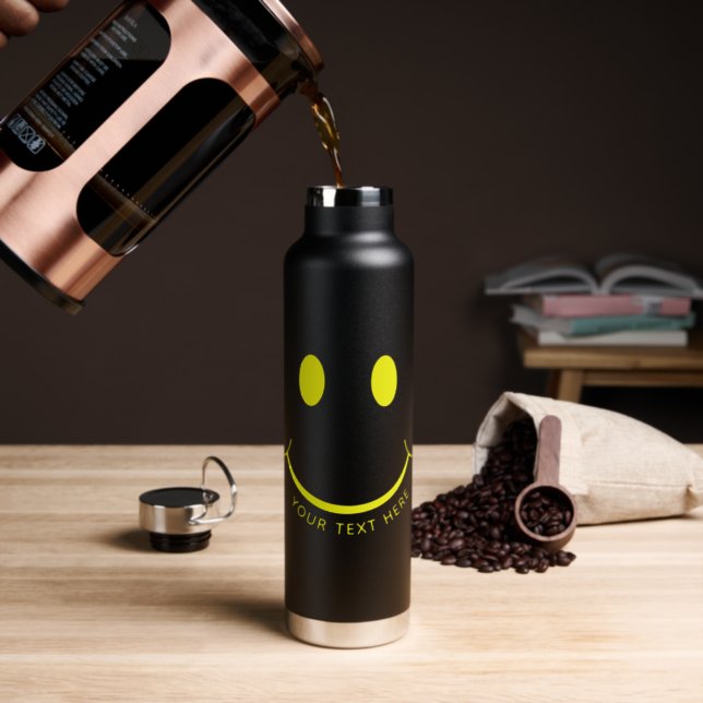 Happy Face Graphic Personalize Black Water Bottle (Insitu (Coffee))