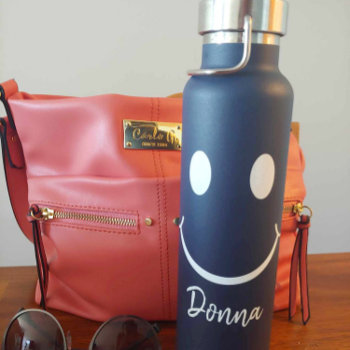 Happy Face Graphic Personalize Blue Water Bottle by ironydesigns at Zazzle