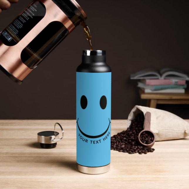 Happy Face Graphic Personalize Blue Water Bottle (Insitu (Coffee))