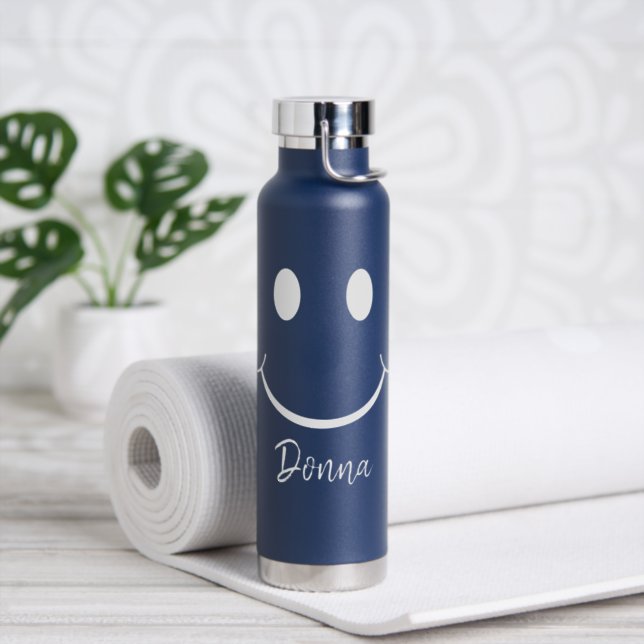 Happy Face Graphic Personalize Blue Water Bottle (Insitu)