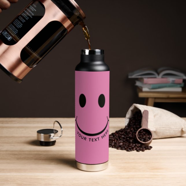 Happy Face Graphic Personalize Pink Water Bottle (Insitu (Coffee))