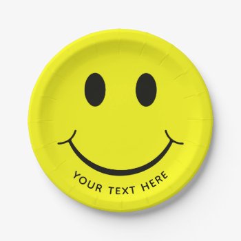 Happy Face Graphic Personalize | Yellow Paper Plates by ironydesigns at Zazzle