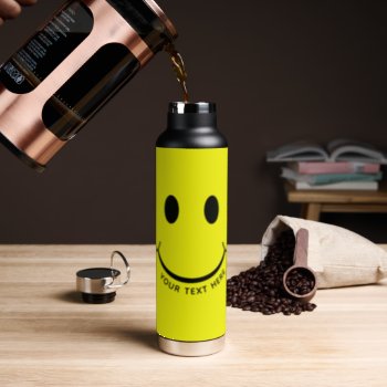 Happy Face Graphic Personalize Yellow Water Bottle by ironydesigns at Zazzle