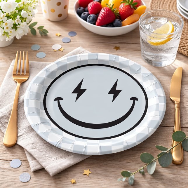 Happy Face Groovy Blue Boy Birthday Paper Plates (Creator Uploaded)