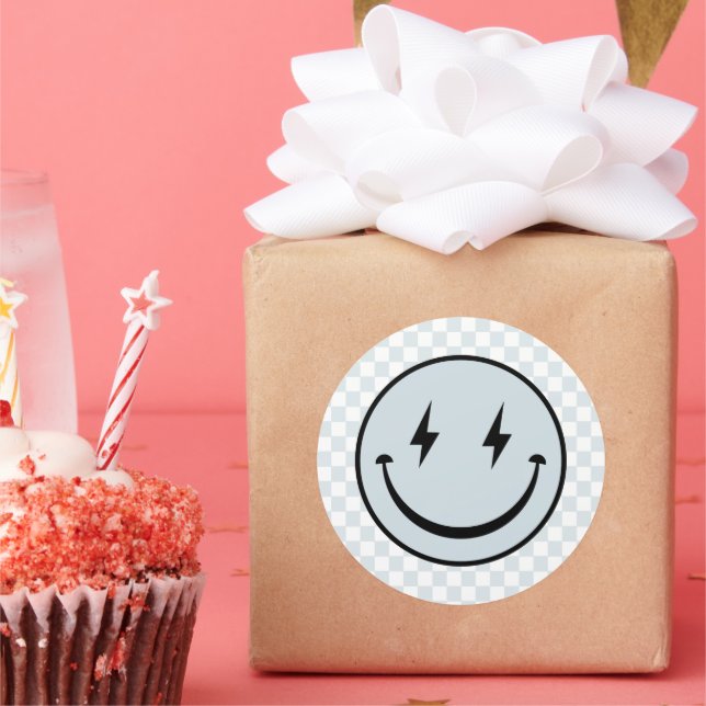 Happy Face Groovy Blue Check Boy Birthday Classic Round Sticker (Party)