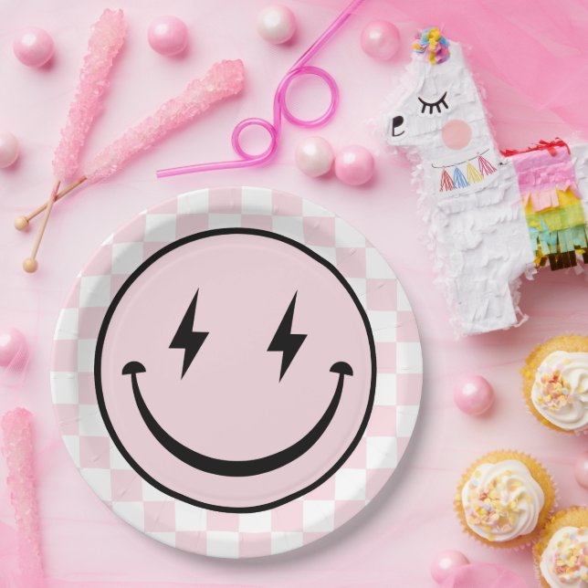 Happy Face Groovy Pink Girl Birthday Paper Plates (Party)