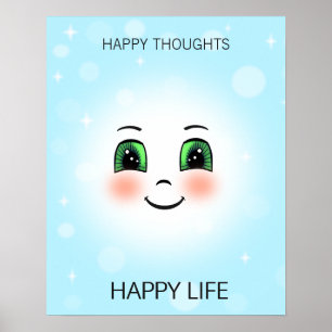 Happy face & happy thoughts on light blue poster