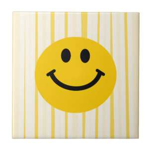 Happy Face on sunny yellow stripes Ceramic Tile