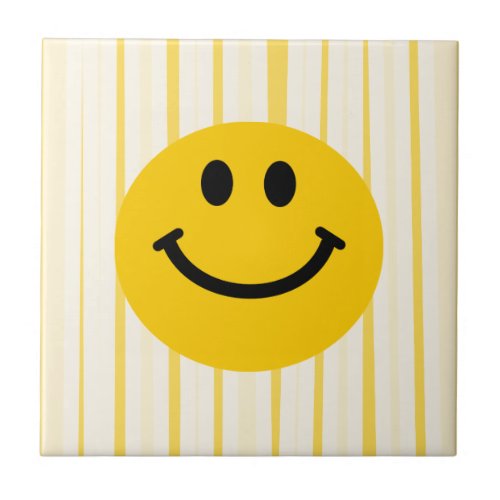 Happy Face on sunny yellow stripes Ceramic Tile