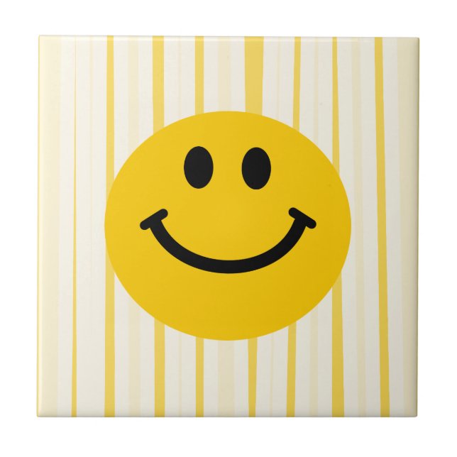 Happy Face on sunny yellow stripes Ceramic Tile (Front)