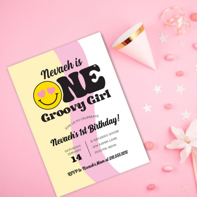 Happy Face One Groovy Girl 1st Birthday Invitation (Creator Uploaded)