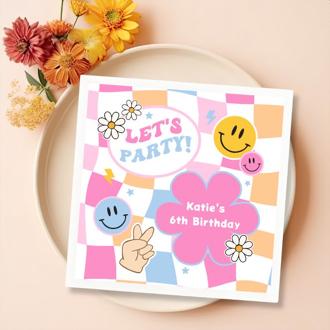 Happy Face Smile Groovy Checkered Birthday Napkins (Creator Uploaded)