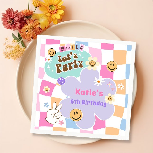 Happy Face Smile Groovy Checkered Birthday Napkins (Creator Uploaded)