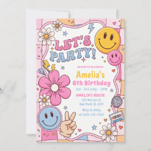 Happy Face Smile Groovy Checkered Birthday Party Invitation