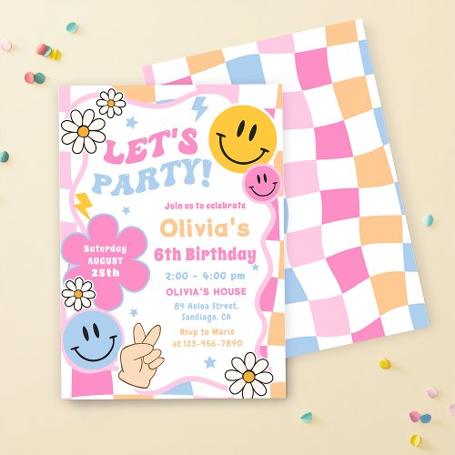 Happy Face Smile Groovy Checkered Birthday Party Invitation