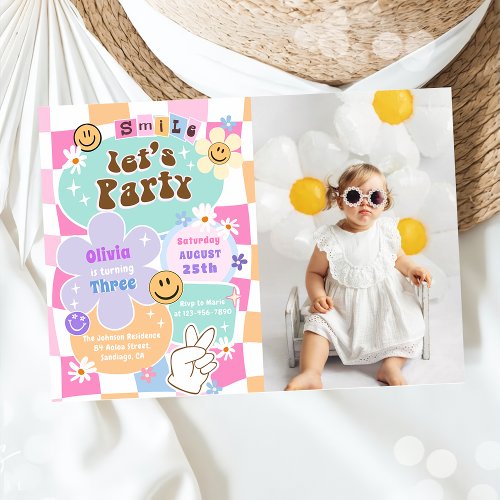 Happy Face Smile Groovy Checkered Birthday Photo Invitation