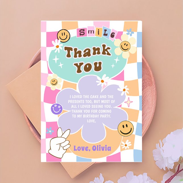 Happy Face Smile Groovy Checkered Birthday Thank You Card (Creator Uploaded)