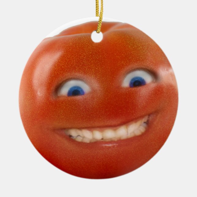 Happy Face Smiling Tomato Ceramic Ornament (Front)