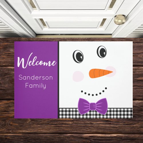 Happy Face Snowman with purple Bowtie  Doormat