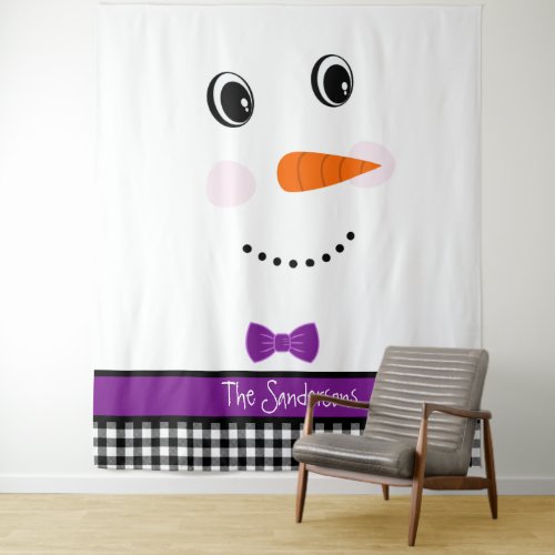 Happy Face Snowman with purple Bowtie  Tapestry