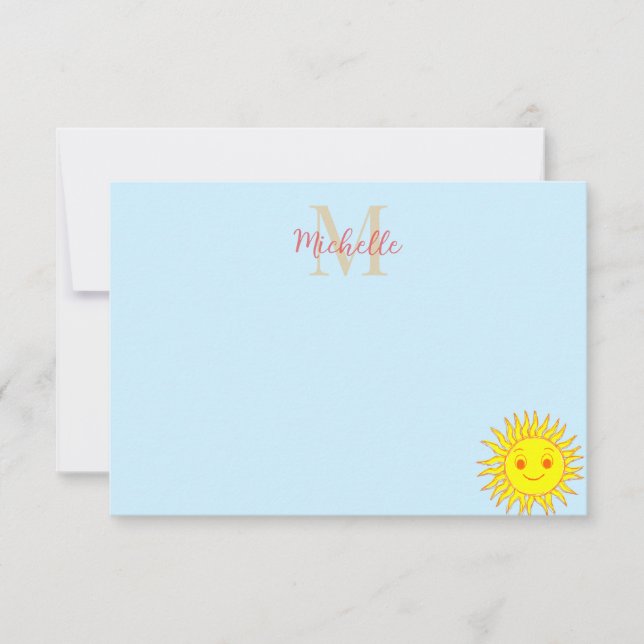 Happy Face Sunshine Monogram Personalized Note Card (Front)