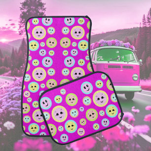 Happy faces in pastel - fun and cute car floor mat