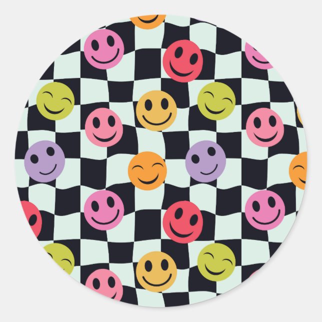 Happy Faces on Warped Black and White Checkerboard Classic Round Sticker (Front)
