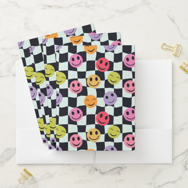 Happy Faces on Warped Black and White Checkerboard Pocket Folder (In Situ)