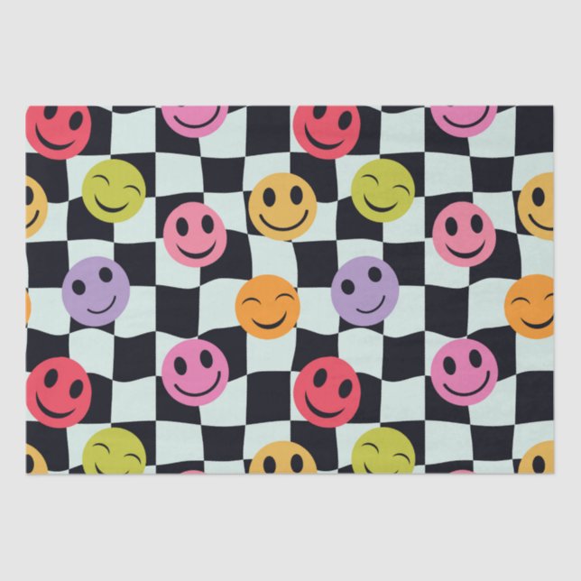 Happy Faces on Warped Black and White Checkerboard Tissue Paper (Front)
