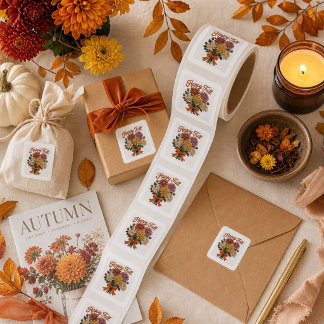 Happy Fall Autumn Floral Chrysanthemum Bouquet Square Sticker