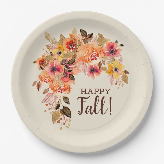Happy Fall Autumn Floral Swag Paper Plates (Front)