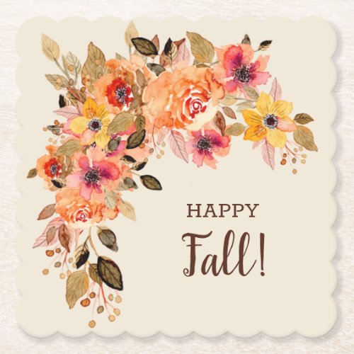 Happy Fall Autumn Flower Blooms Scalloped Paper Coaster