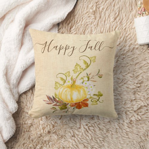 Happy Fall  Autumn Leaves and Pumpkin Throw Pillow