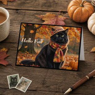 Happy Fall Autumn Leaves Black Cat in a Hat Card