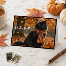 Happy Fall Autumn Leaves Black Cat in a Hat