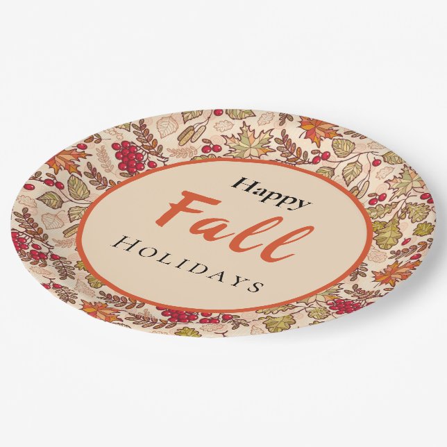 Happy Fall Autumn Leaves Red Berries Digital Art Paper Plates (Angled)